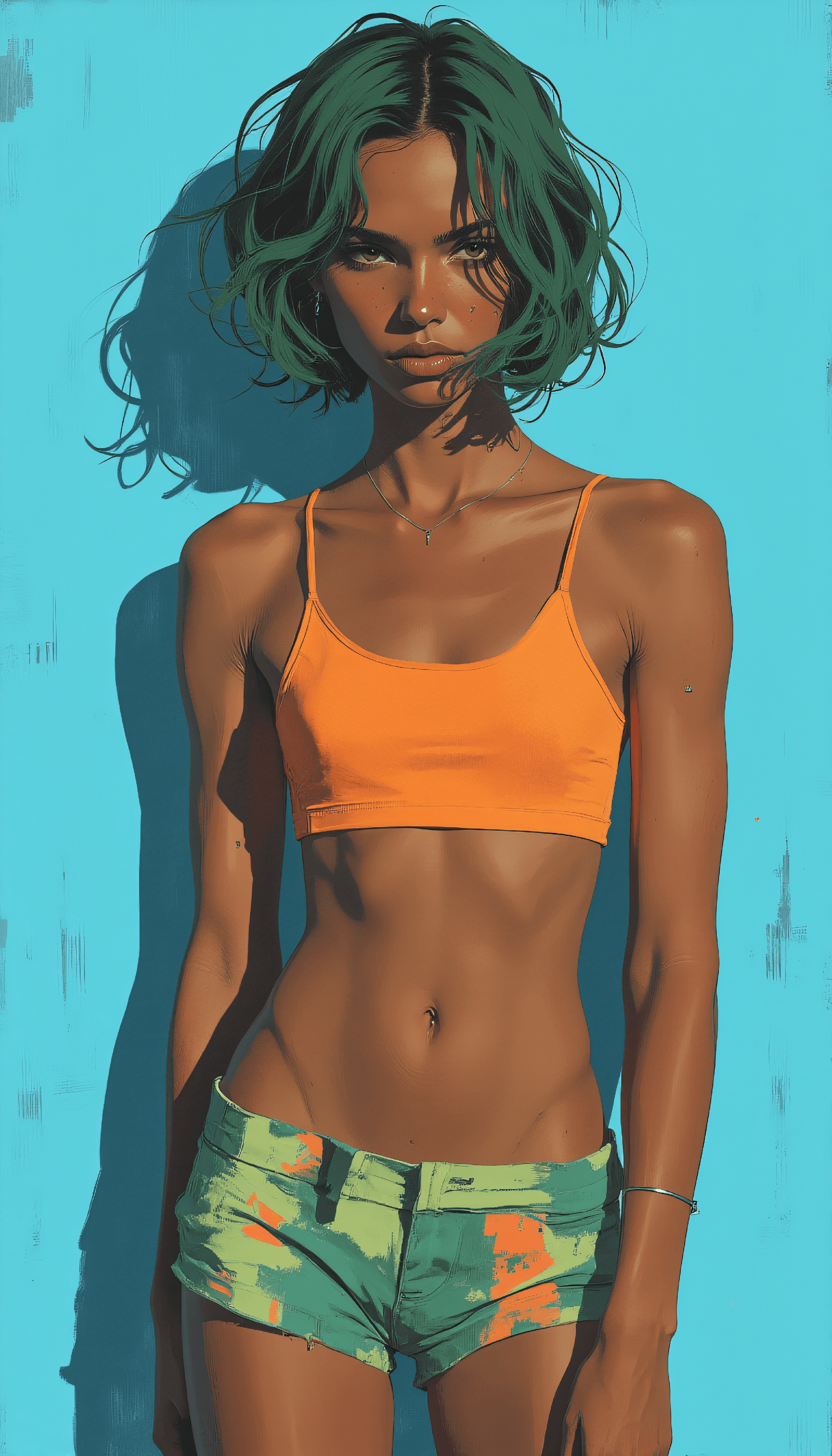 AI generated: semi-realistic fashion digital painting, in bright, airy aesthetic with the blue tones, of a 24 year...