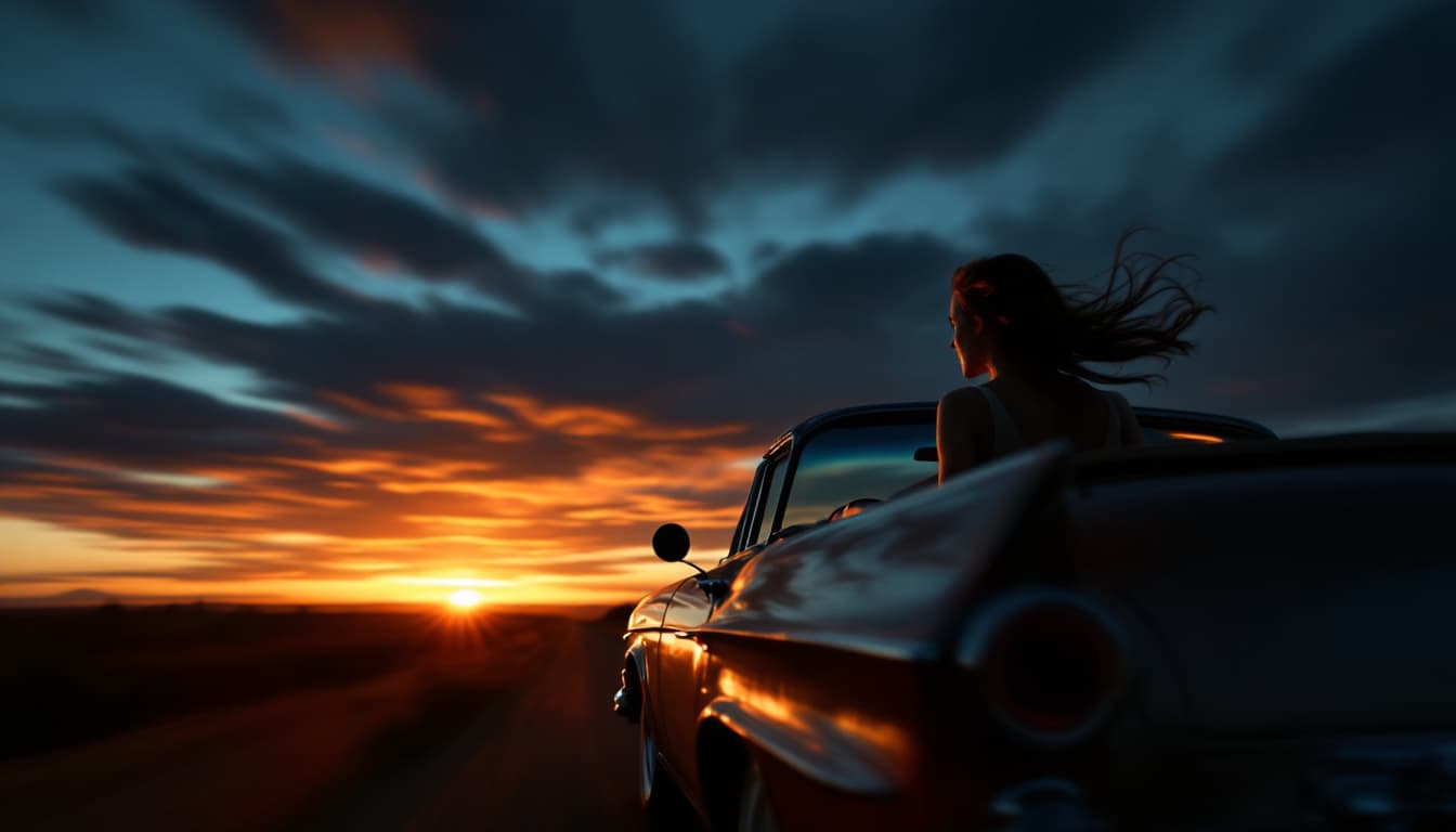 AI generated: ,long exposure photo of a woman on old vintage car in motion, blurred edges, ultrarealistic soft col...