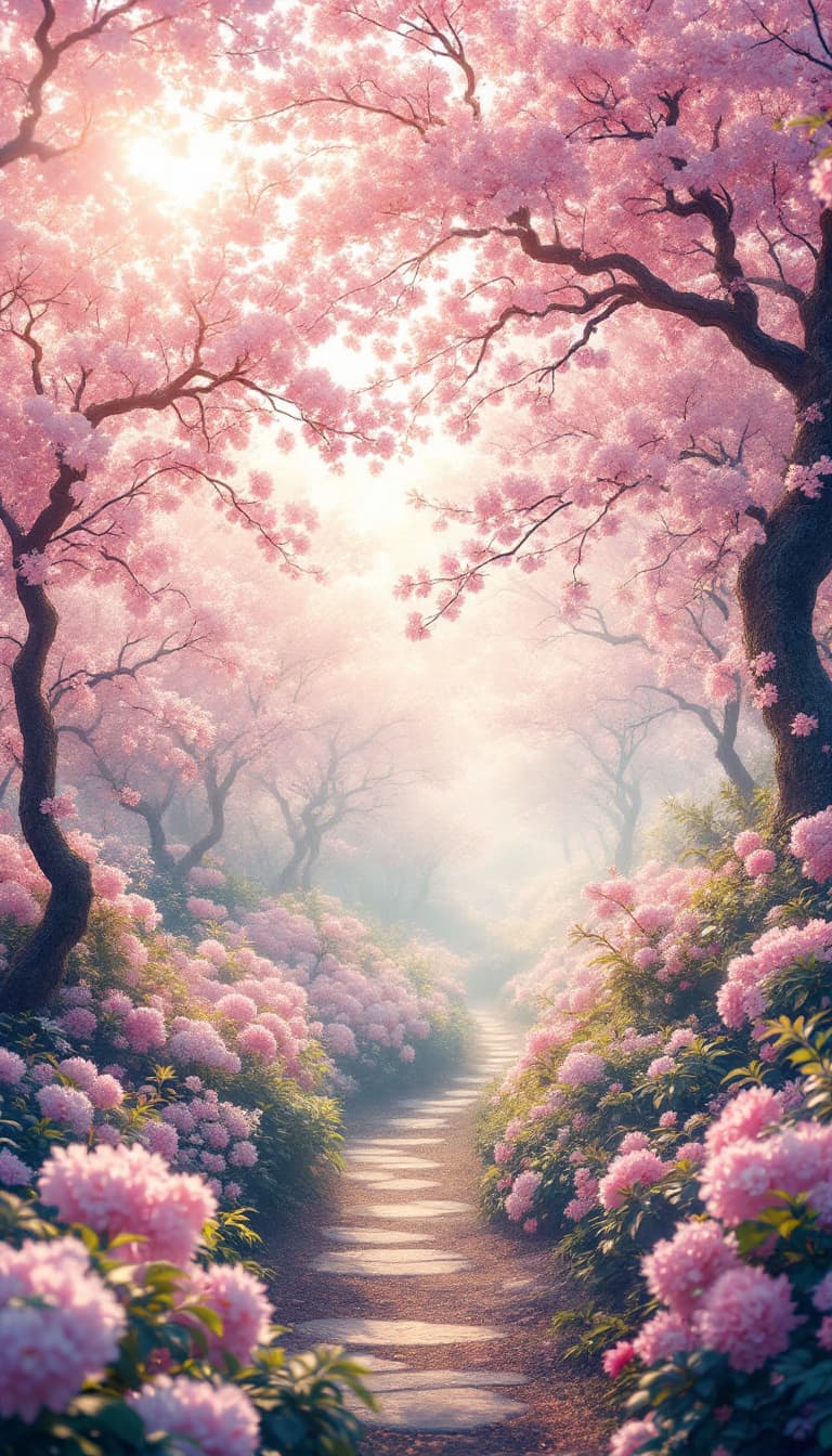 AI generated: Heavenly Dreamlike Setting
"A lush, dreamlike garden filled with blooming trees covered in pink and ...