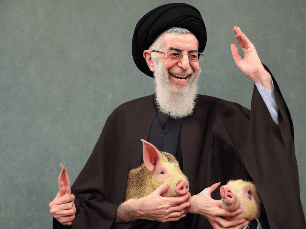 AI generated: portrait of ali khamenei holding a pig and laughing 