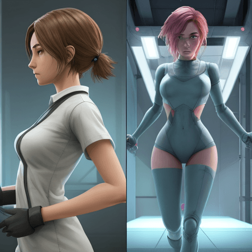 AI generated: Female protagonist for a video game in a T-Pose from front and side view. Game is about escaping lab...