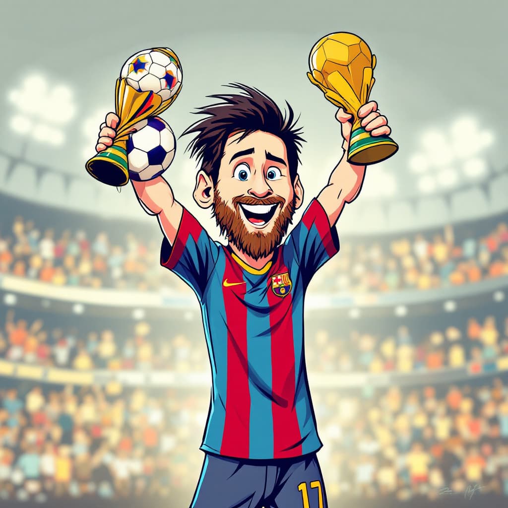 AI generated: Leonel Messi as a Disney Character 2D Line art hanging up the world cup champion 
