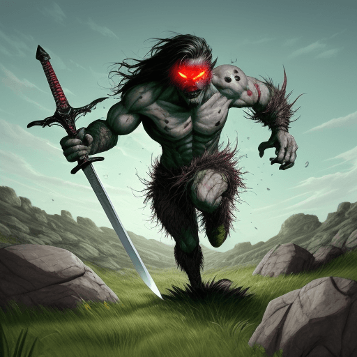 AI generated: living rock monster. 
red eye and rock like lags, sword in right hand 4 fingers. runing in a field o...