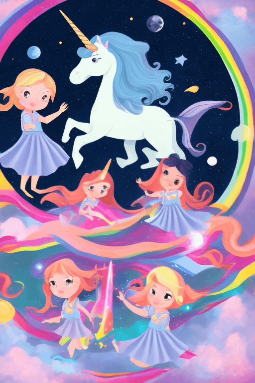 AI generated: four toddler girls, riding unicorns, wearing magic school uniforms, in space, overlooking a black ho...