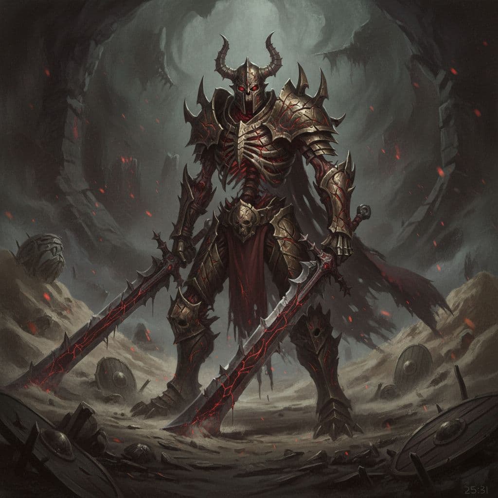 AI generated: the world of warcraft image of a large viking character with swords, in the style of dark bronze and...