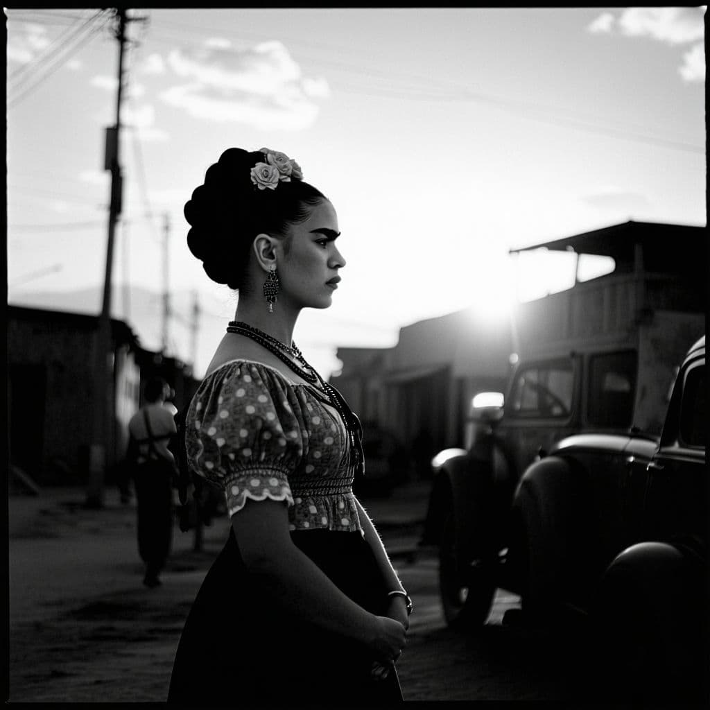 AI generated: Black and white street photography of an Frida Kahlo on a spectacular sunset , shot by arriflex 35 B...