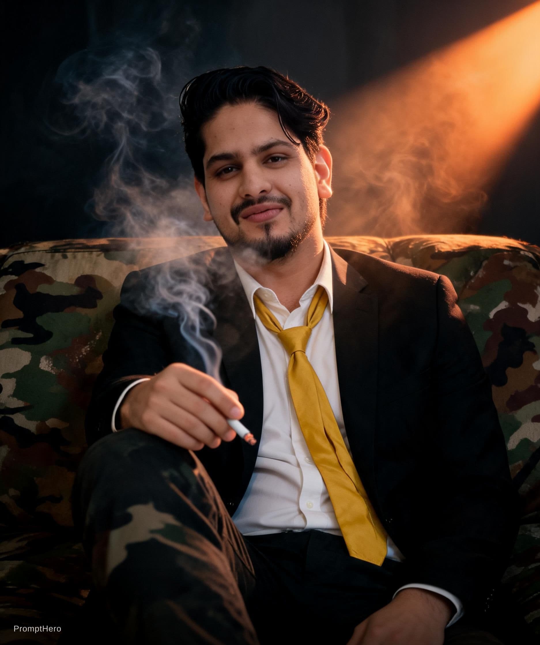 AI generated: photography, cover shoot, dimly lit room with a hazy atmosphere, capturing a professional male model...