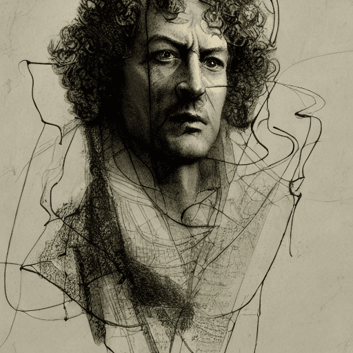 AI generated: portrait of Issac Newton scientist, pen and ink, intricate line drawings, hint of green by craig mul...
