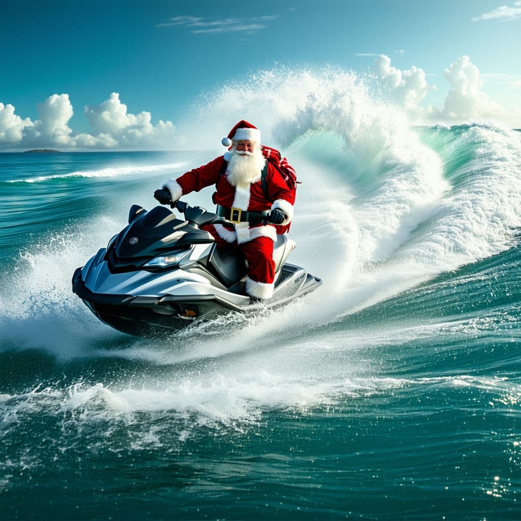 AI generated: Create a realistic scene of Santa Claus riding a Yamaha Waverunner jet ski on a massive wave, as if ...