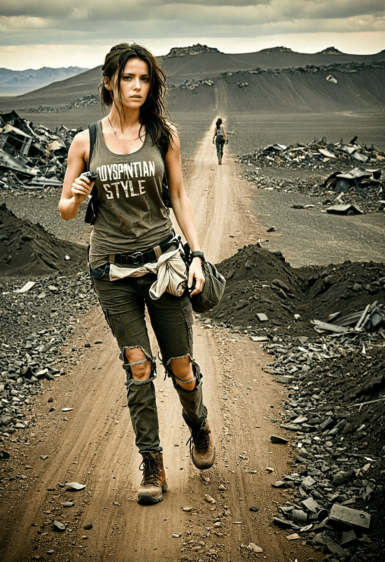 AI generated: dystopian style woman walking through a barren wasteland, wearing a worn out tank top and cargo pant...