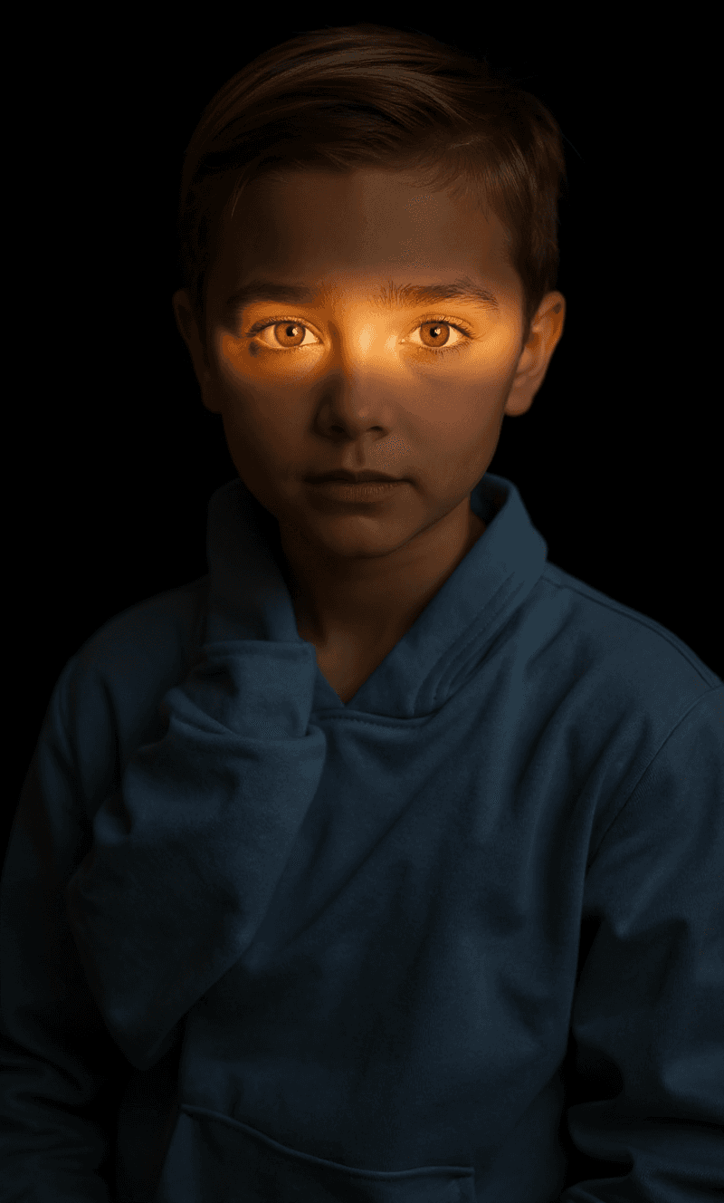 AI generated: editorial photography, front shot, upper-body, 8 years old boy model, gaze, capturing a bright light...
