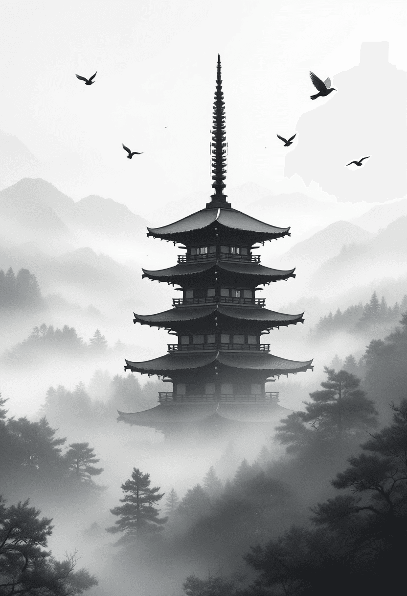AI generated: Traditional Japanese pagoda standing tall in a foggy mountain valley, positioned off-center to the r...