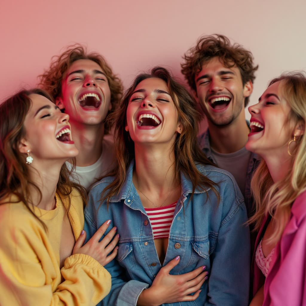 AI generated: Hyperrealistic photo of a group of 5 Slavic friends (mixed gender), caught in a moment of uncontroll...