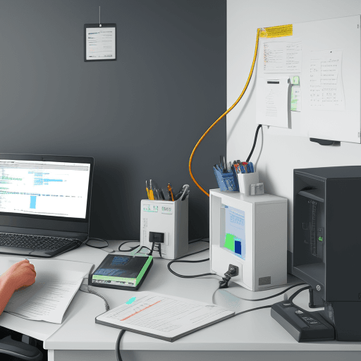 AI generated: Electric battery plugged in and charging in an office work 