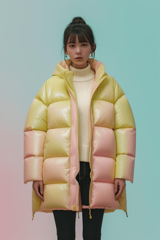 AI generated: a mid age woman wearing a poncho oversized puffer jacket, inspired by OffWhite, tumblr, inspired by ...