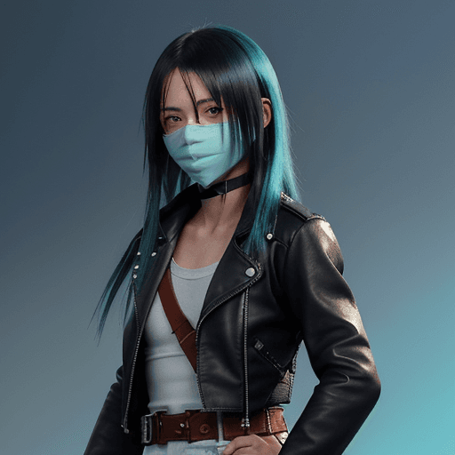 AI generated: anime portrait of young girl, short height, survivalist clothing, small open-chest leather jacket, w...