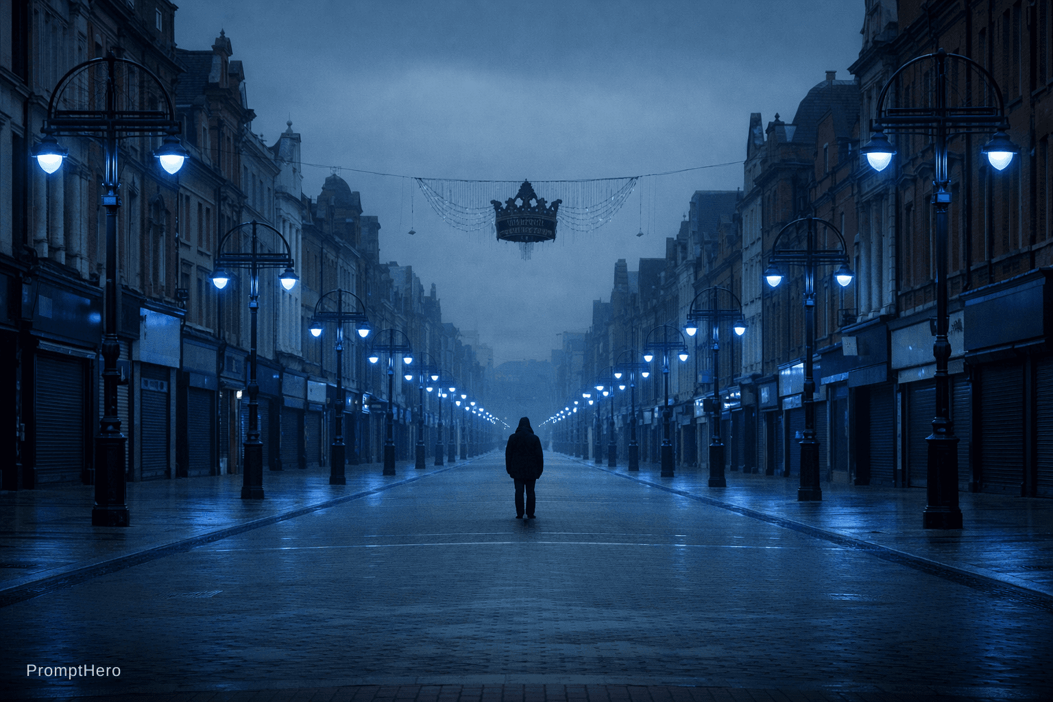 AI generated: A wide, perfectly symmetrical street-level photograph of Briggate entirely deserted — no crowd, no m...