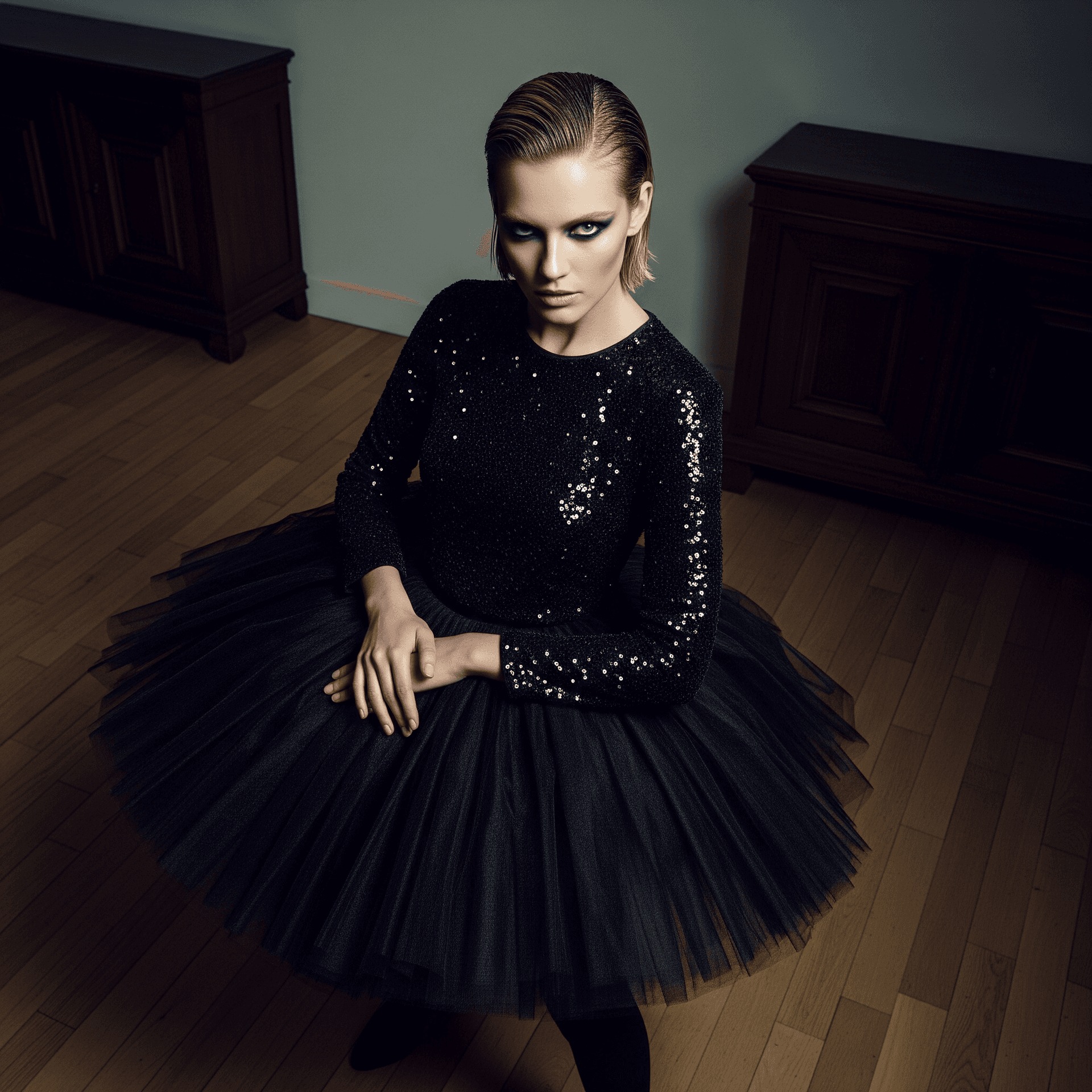AI generated: High-contrast fashion photo of a glamorous woman in a dramatic black outfit featuring a sparkling to...