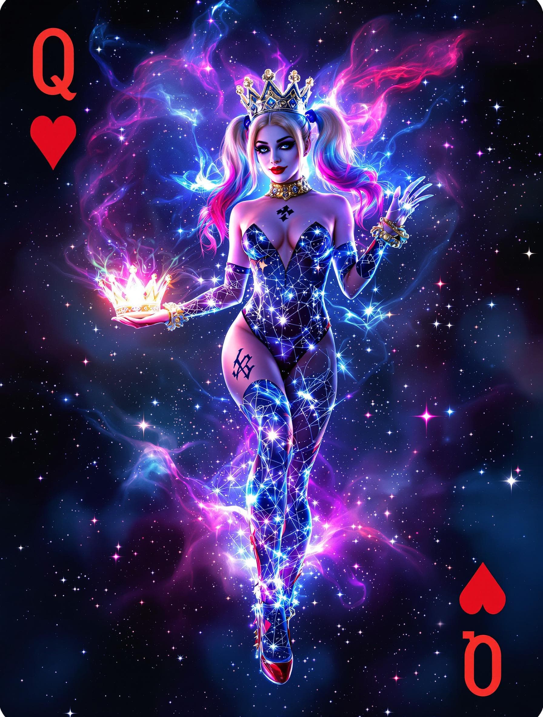 AI generated: The Queen of Hearts card transforms into a 3D hologram composed of cosmic energy, revealing Harley Q...