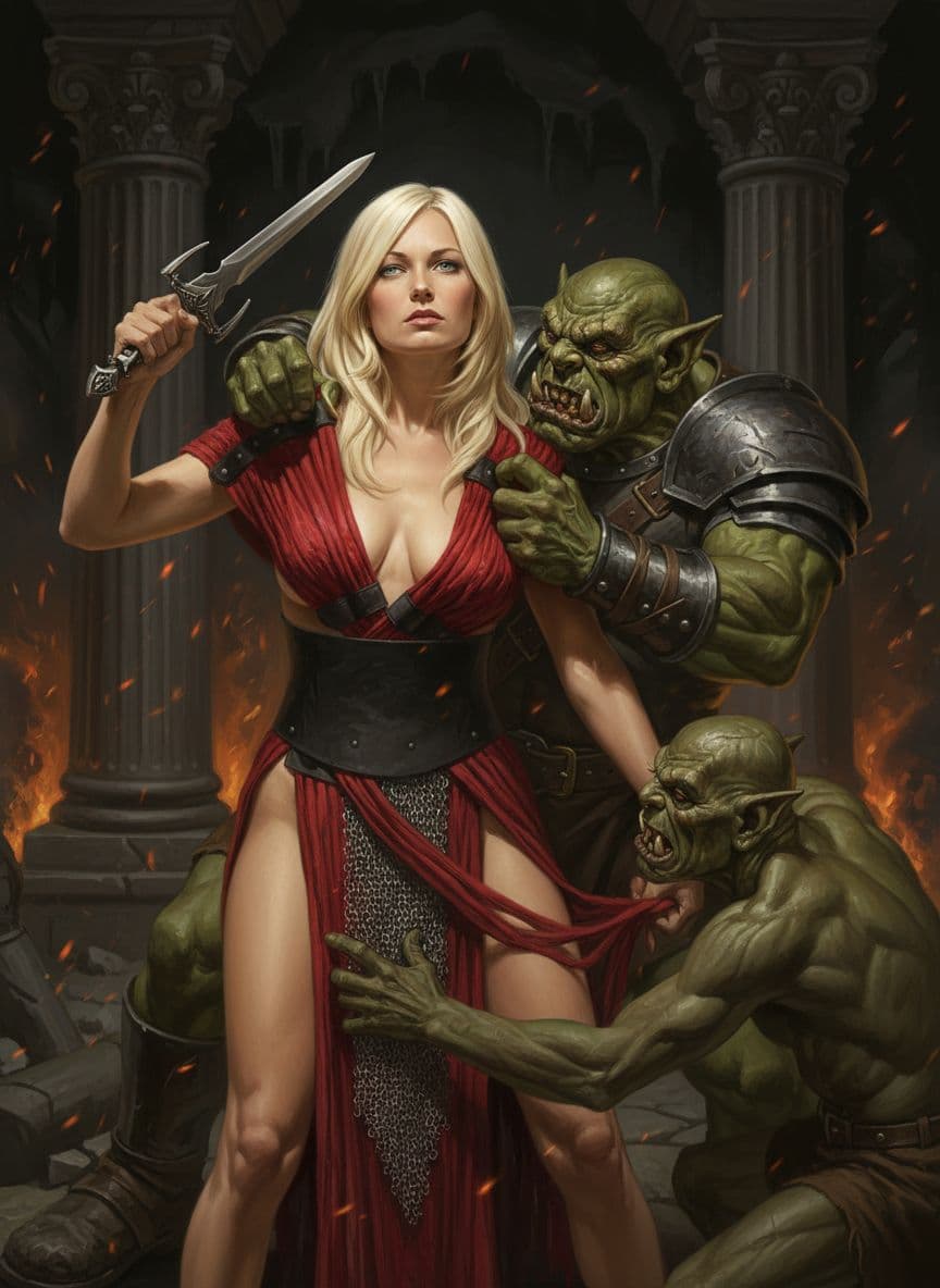 AI generated: Full body shot of a beautiful elven maiden with a ripped dress exposing her breast and thigh being h...