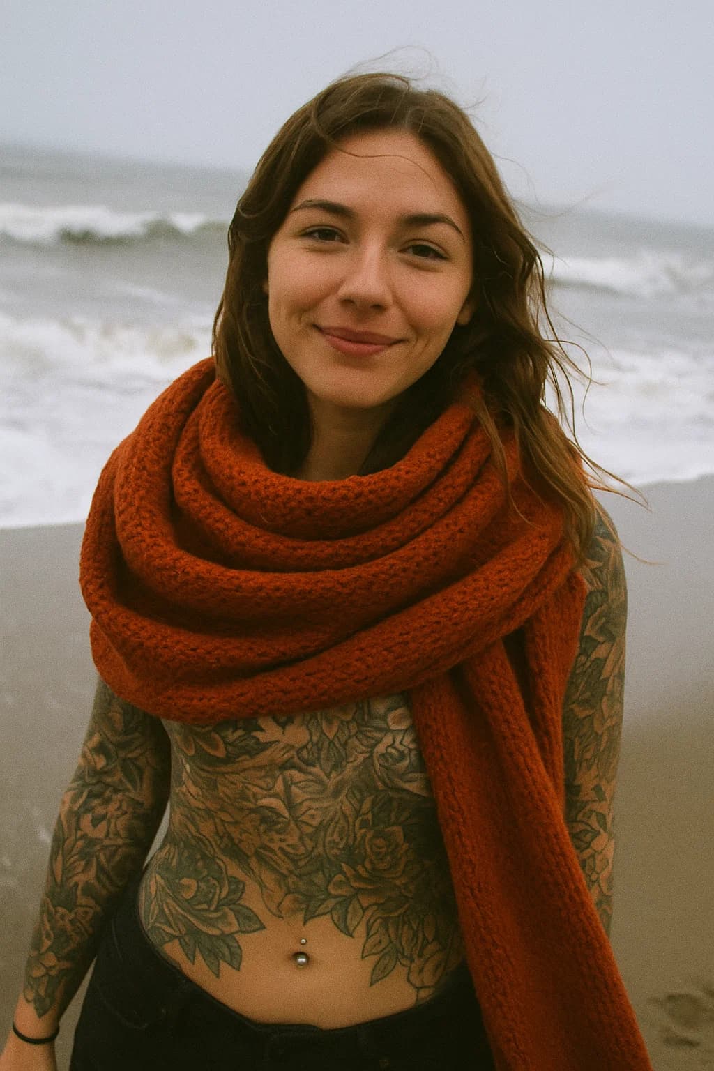 AI generated: Junge Frau (25–30) mit warmen braunen Augen, kastanienbraunem leicht gewelltem Haar, natürlichen Ges...