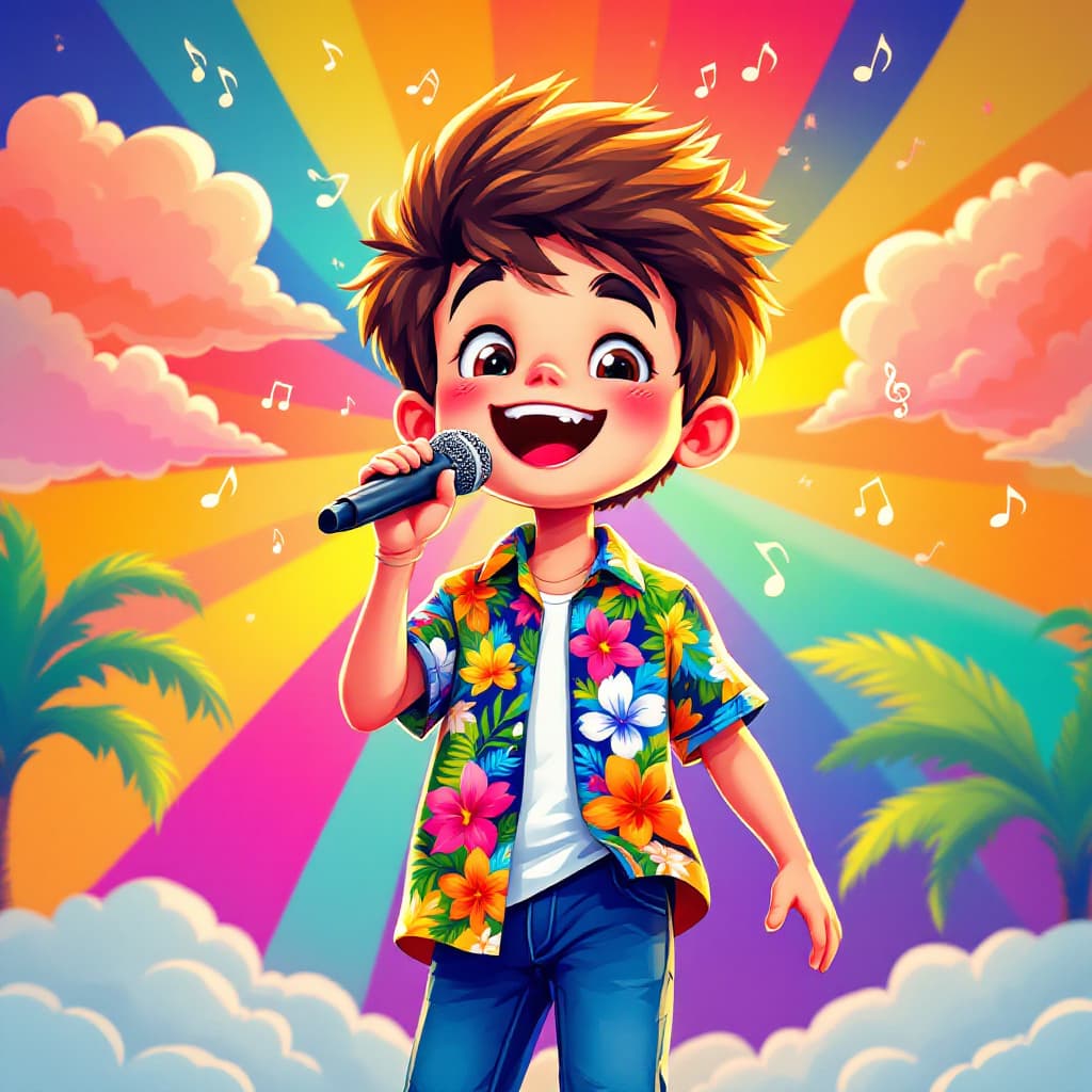 AI generated: A cute boy is singing with a microphone in his hand, wearing blue jeans and colourful Hawaiian desig...