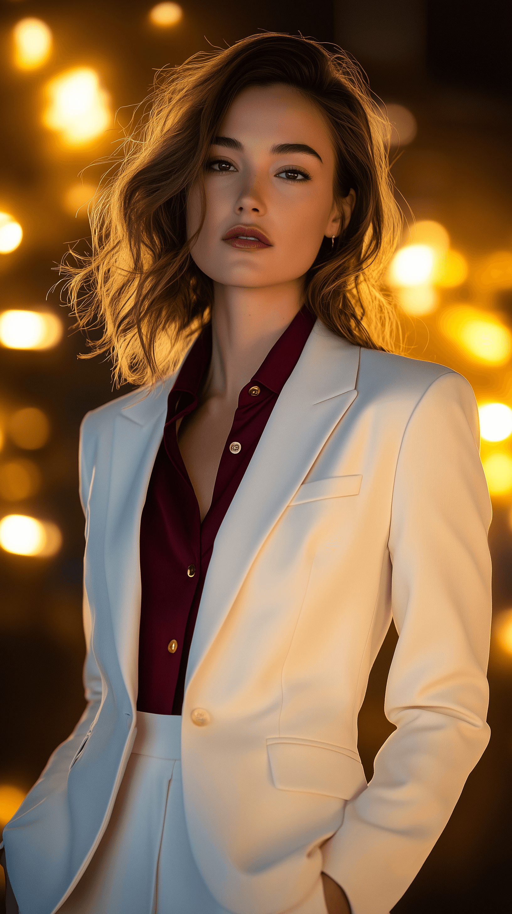 AI generated: photograph, woman, wearing a modern business white suit with burgundy color shirt, upper body, depth...