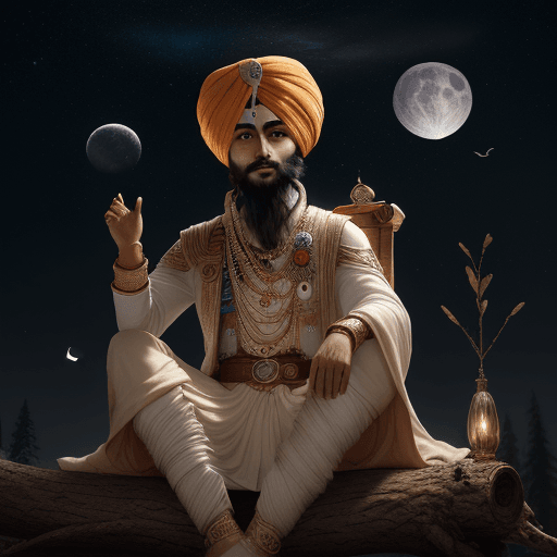 AI generated: guru gobind singh 10th guru, sitting on the tree and look at the moon, falcon bird, night wood, sate...