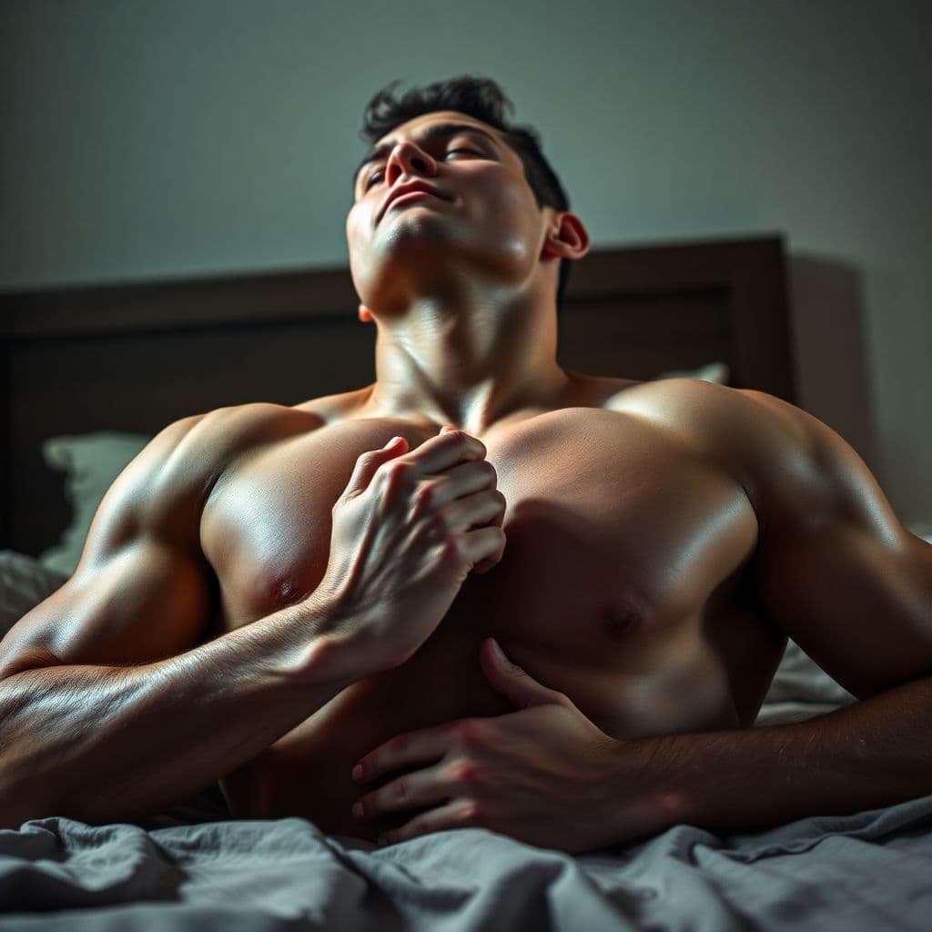 AI generated: Close-up portrait of a muscular, shirtless man with a chiseled physique, lying on a crumpled bedshee...