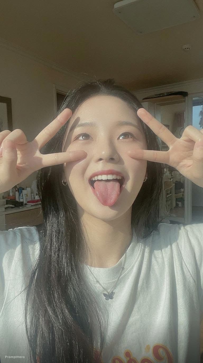 AI generated: upturned gaze, mouth wide open and tongue sticking out, hands making a V sign