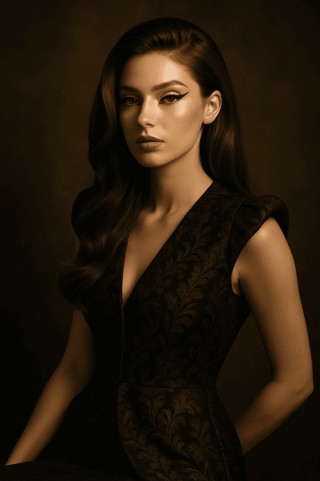 AI generated: A portrait of a woman with long, flowing hair styled in soft waves, cascading over her shoulders. Sh...