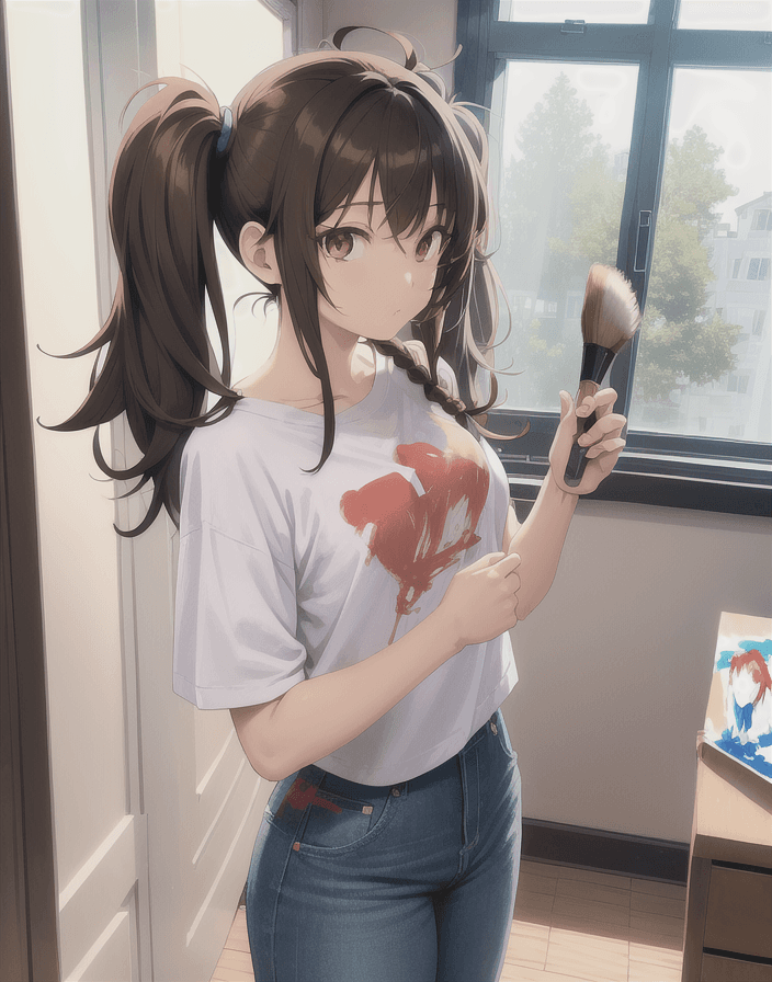 AI generated: (perfect anime illustration), 1girl, pigtails, brown hair, ((painting a picture, holding a painting ...