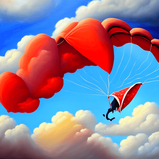 AI generated: Falling elephant attached to one red parachute amidst sunny clouds.
Style: oil painting