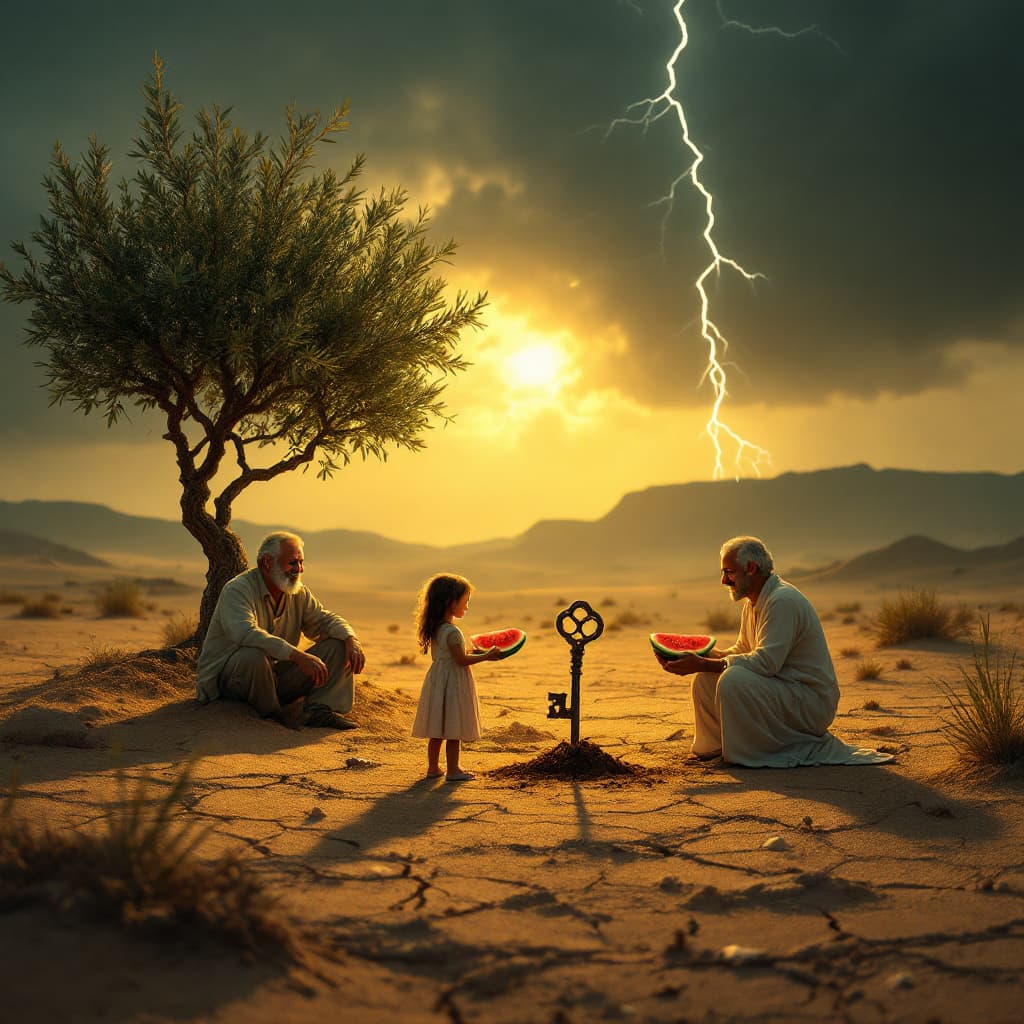 AI generated: a tender and poetic scene set in a surreal desert landscape: a small girl gently holding a large anc...