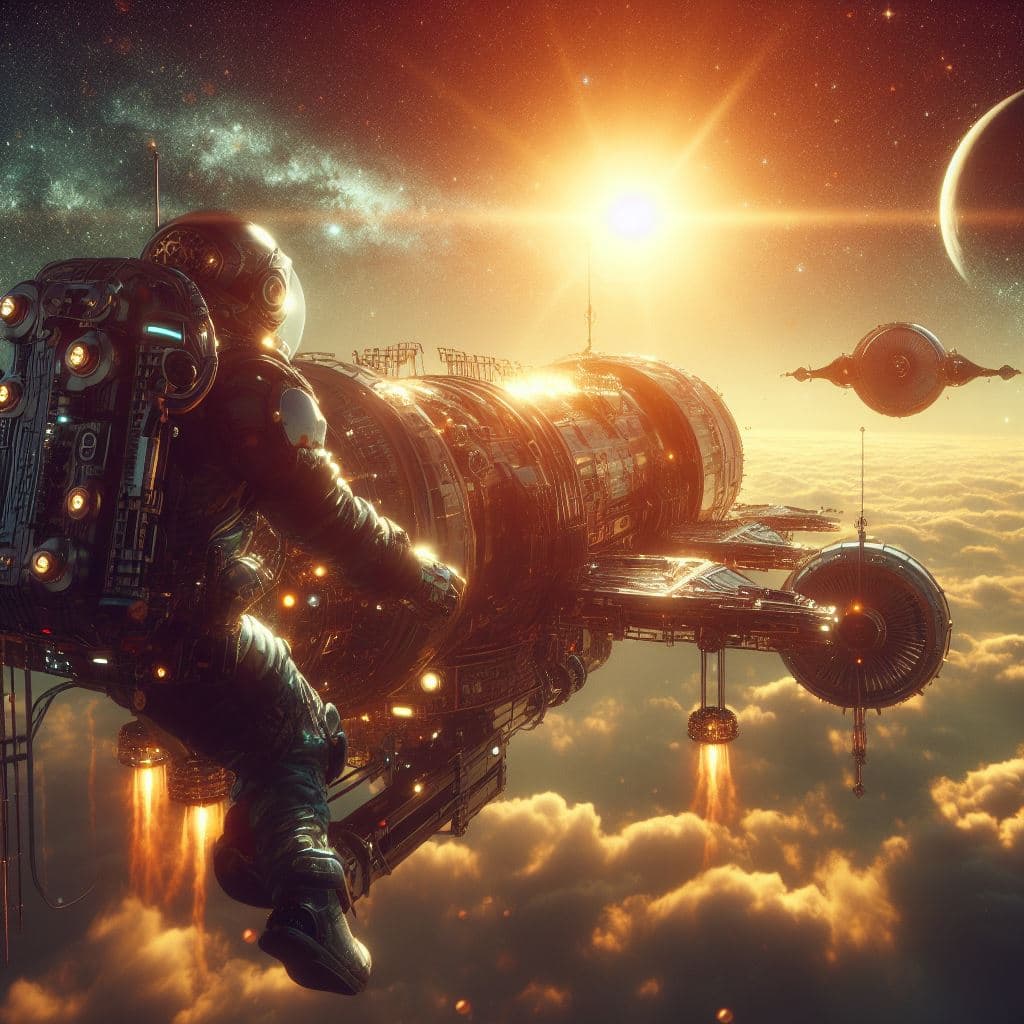 AI generated: a steampunk star base, an astronaut flies to it, beautiful lens flare, photrealistic