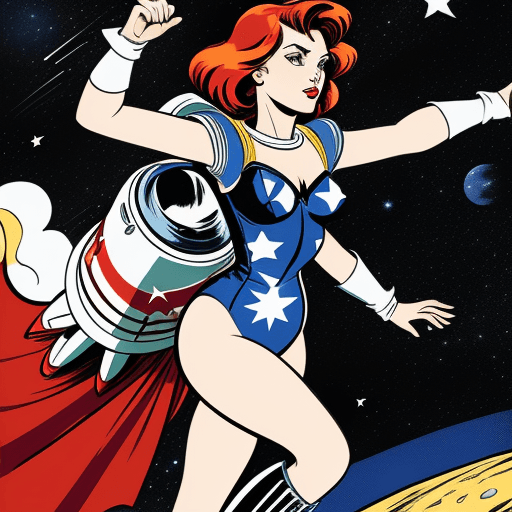 AI generated: Woman riding rocket, roy lichtenstein style, space, stars, moon, redhead, heroic, lingerie