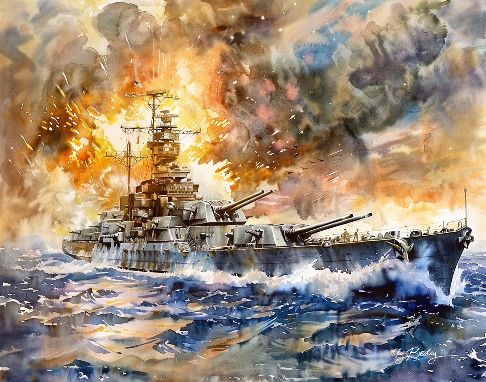 AI generated: create a watercolor of a US Navy WWII battleship firing its guns, --ar 14:11 --personalize 256x4c7 -...