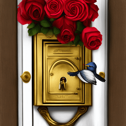 AI generated: Golden lock from the door surrounded bynred and white roses and birds around