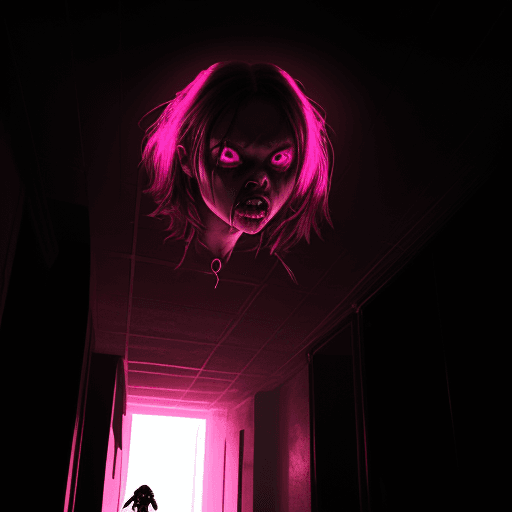 AI generated: A mutant hostile girl emerging from a dark room, pink neckle, painful,  volumetric lighting, real li...