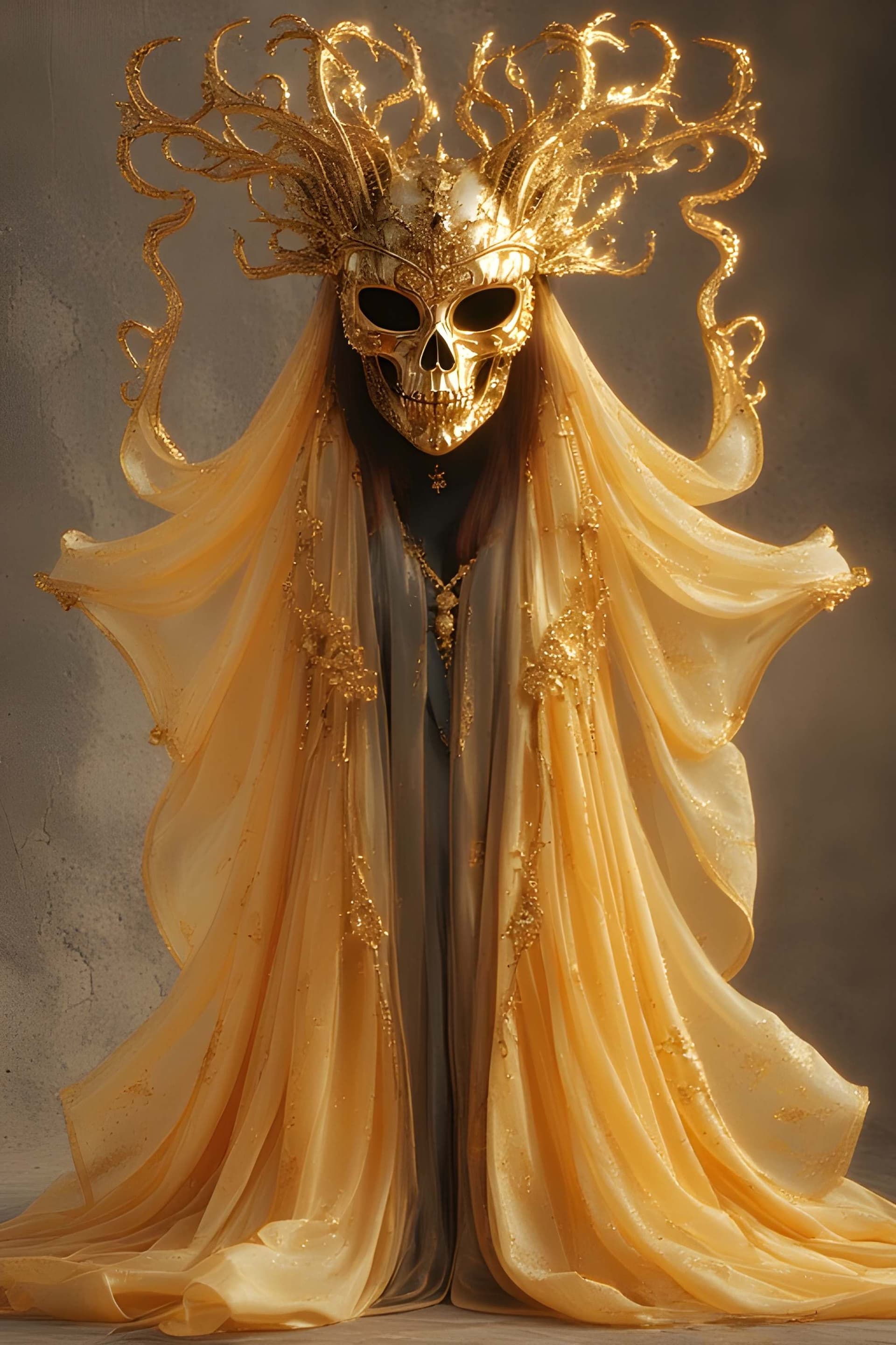 AI generated: A regal figure, adorned in a golden skull mask with intricate filigree details, wearing a flowing, s...