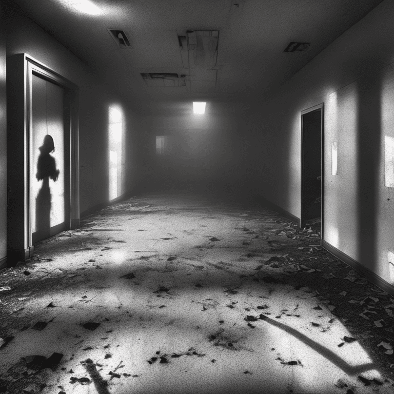 AI generated: a shadow hooded figure  in an abandoned hospital, The lighting is vivid, casting long shadows on the...