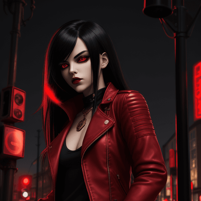 AI generated: emo girl. red leather jacket with black trim. glowing red iris. blak black hair with red highlights....