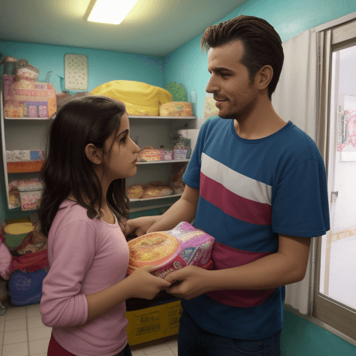 AI generated: lucas le compra un pan a marcela en la noche en el dormitorio