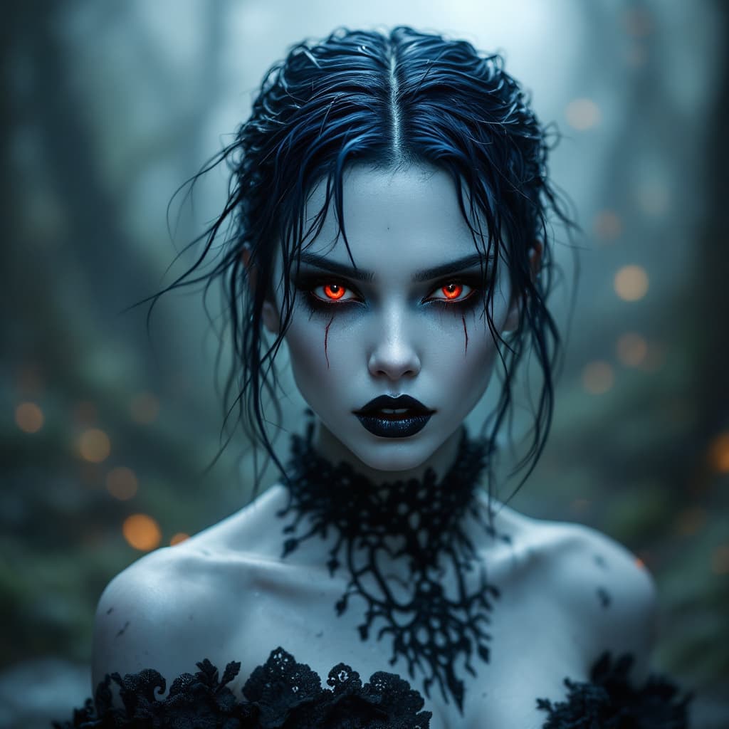 AI generated: beautiful sensuous white skin women, dark blue hair, crimson red eyes, charmer, alluring, queen vamp...