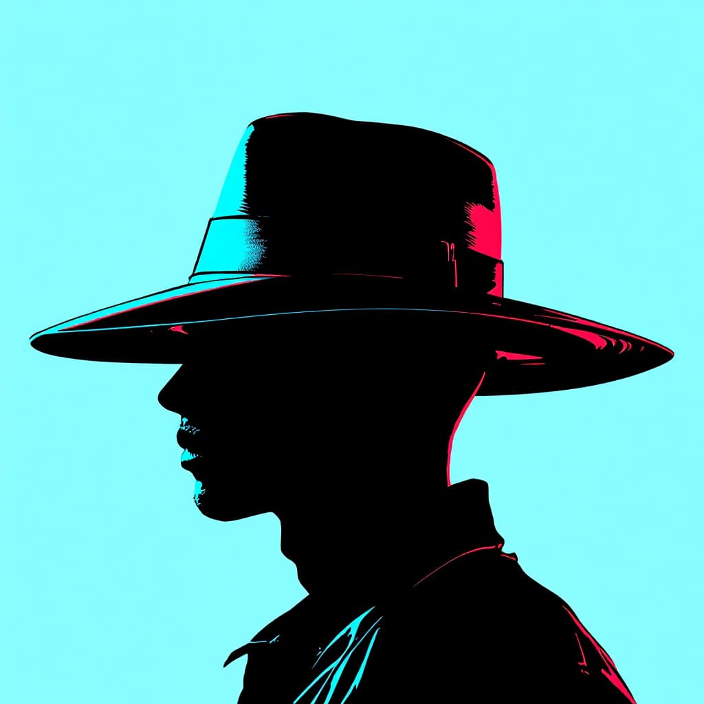 AI generated: illustration, sleek of a male silhouette adorned with a wide-brimmed hat, image utilize a minimalist...
