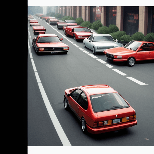 AI generated: full view on an open nostalgic board game rush hour, game cars normal except the red car in the midd...