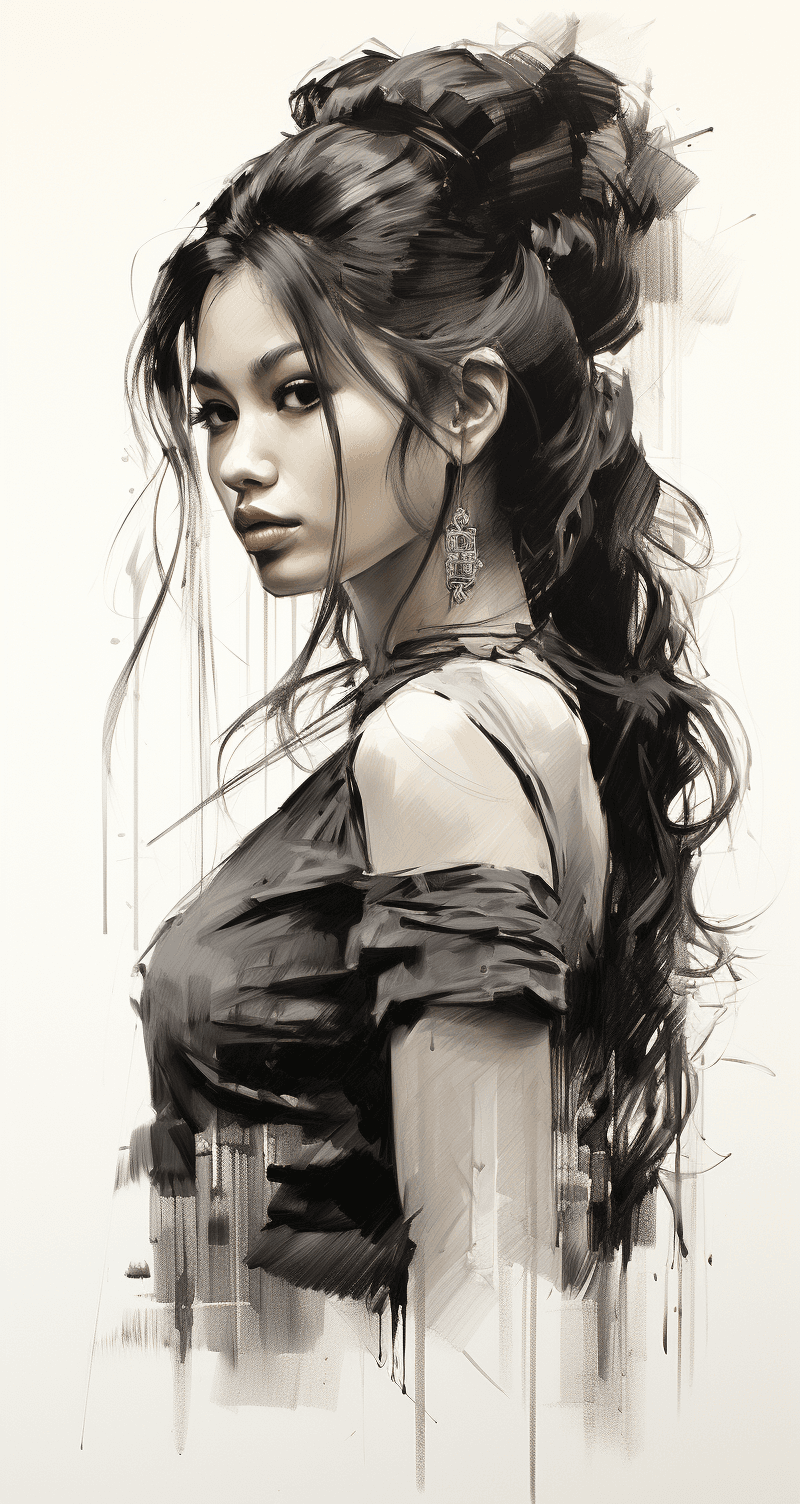 AI generated: a black and white charcoal drawing of a beautiful Japanese woman, side view, in the style of a charc...