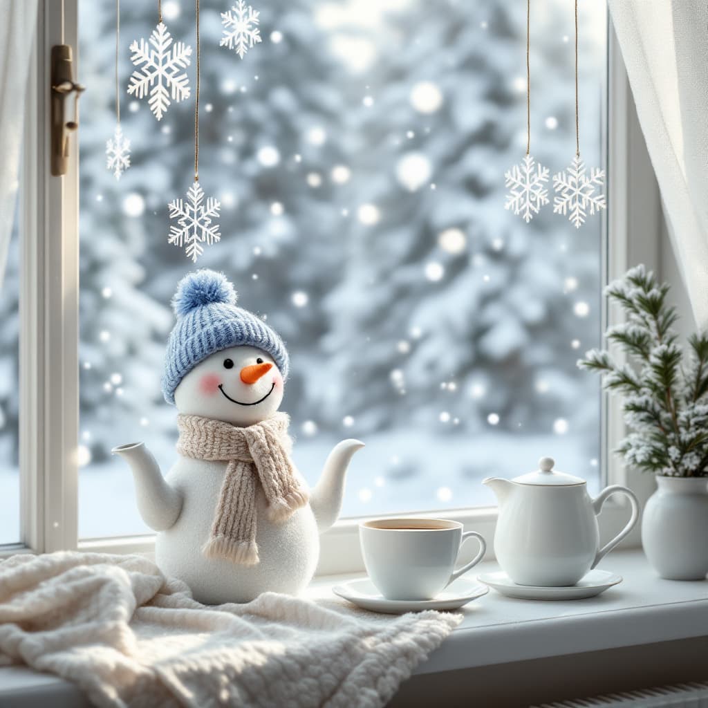 AI generated: Warm winter interior in a delicate color scheme of white, blue and light gray shades. Soft snow is f...