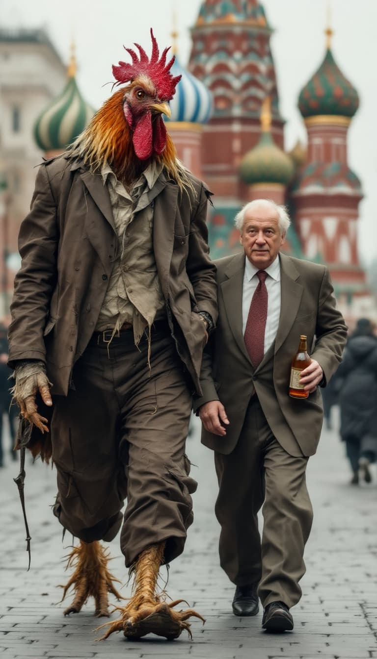 AI generated: **"Photo of a scraggly rooster, twice as tall as a man, walking on two legs, wearing a crumpled, tat...