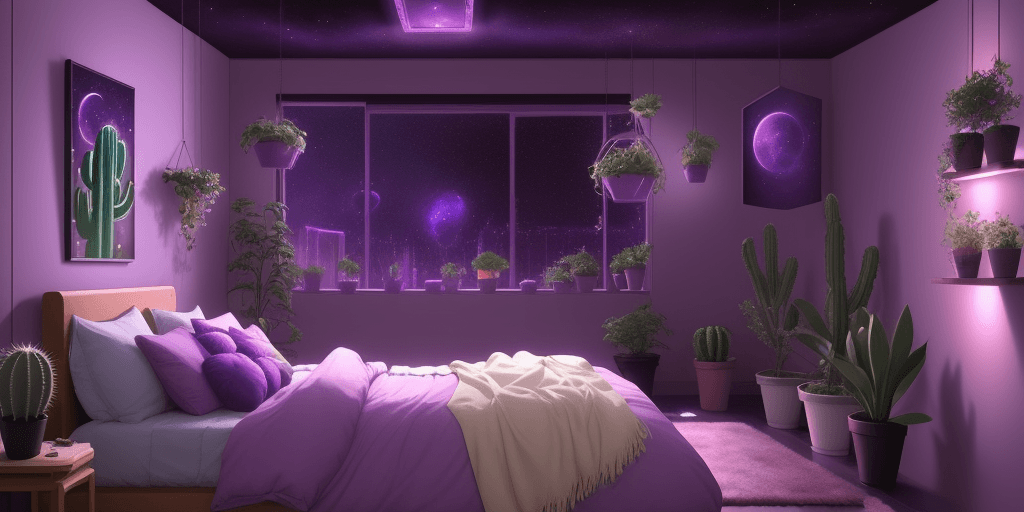 AI generated:  aesthetic space bedroom, anime style, night, plants, cute, cactus, purple soft lights, anime, visua...